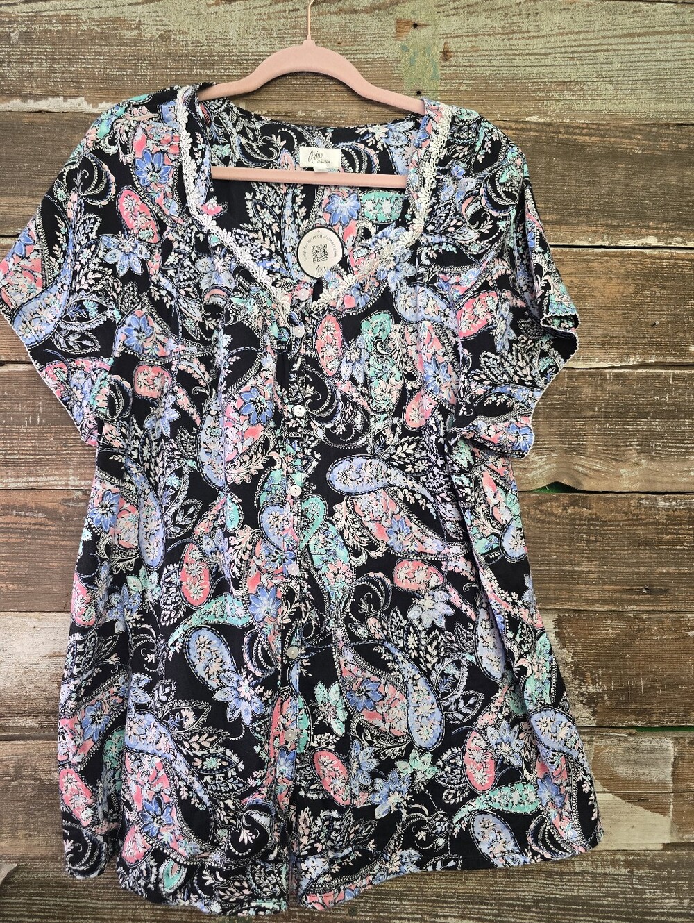 Aria Collection Black Paisley Button-Front Tunic, Size 3X, NWT